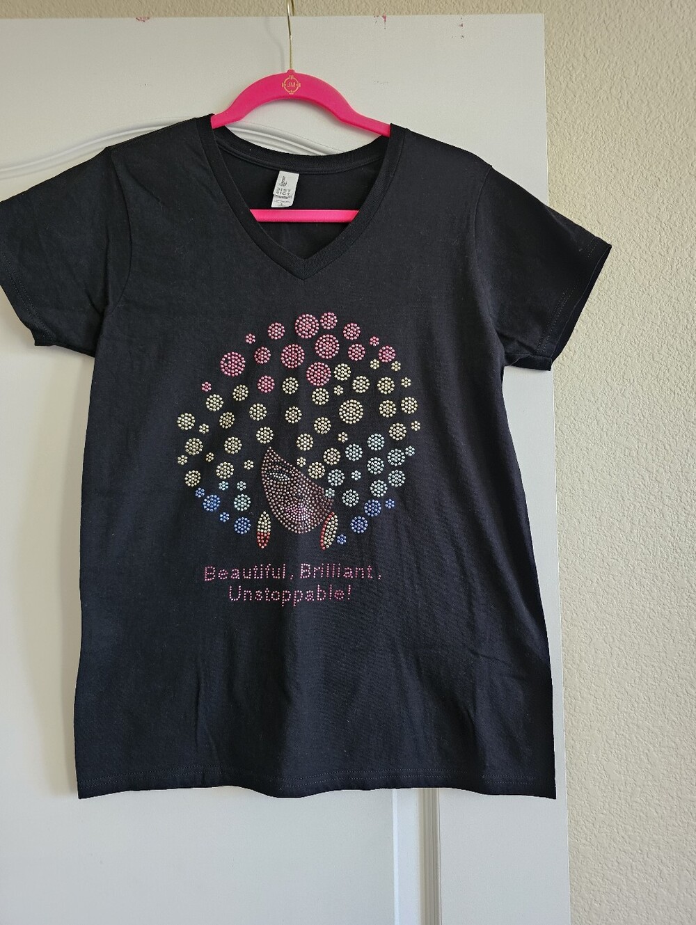 Black V-Neck Rhinestone Afro Graphic Tee - Multicolor Accent